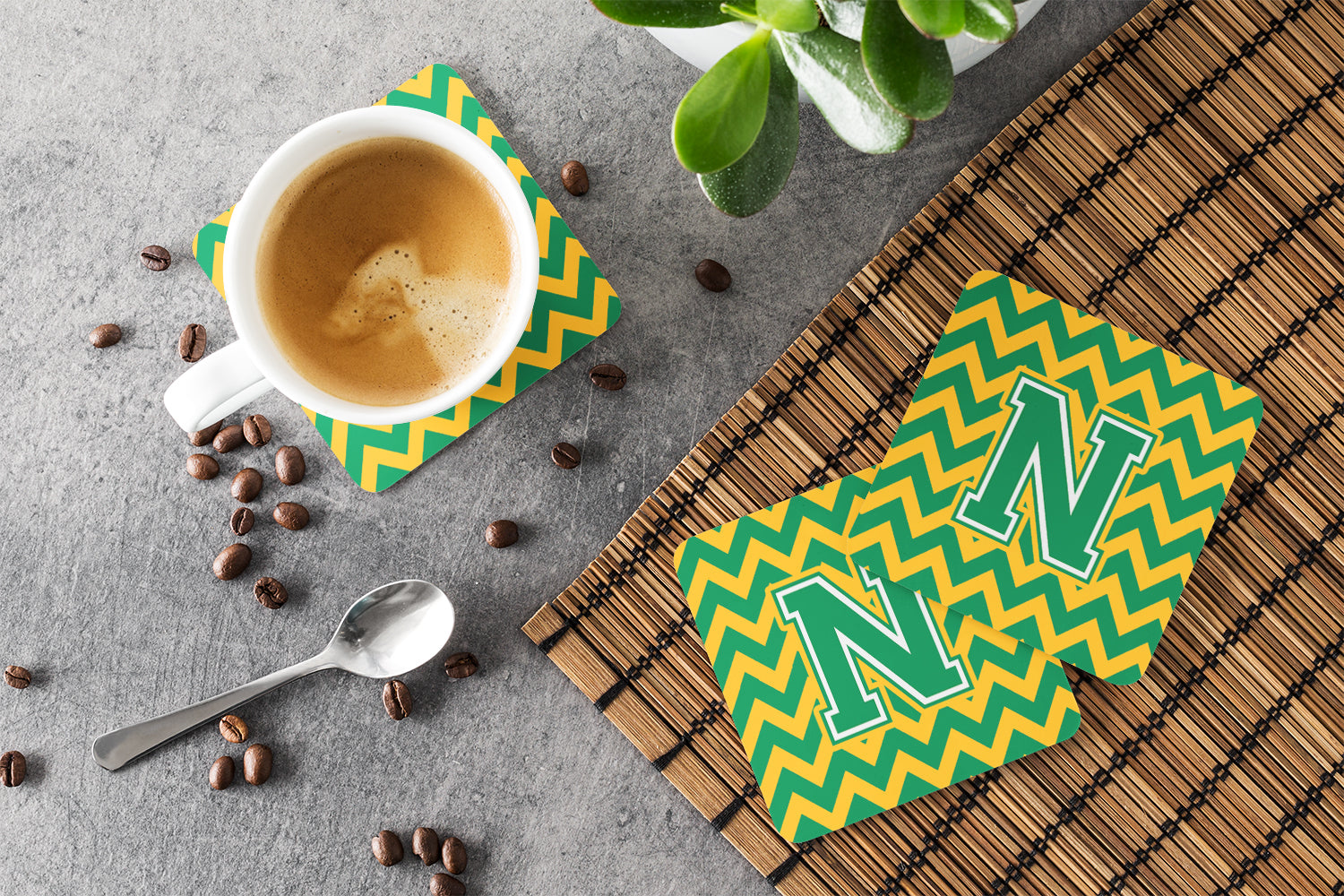 Letter N Chevron Green and Gold Foam Coaster Set of 4 CJ1059-NFC - the-store.com