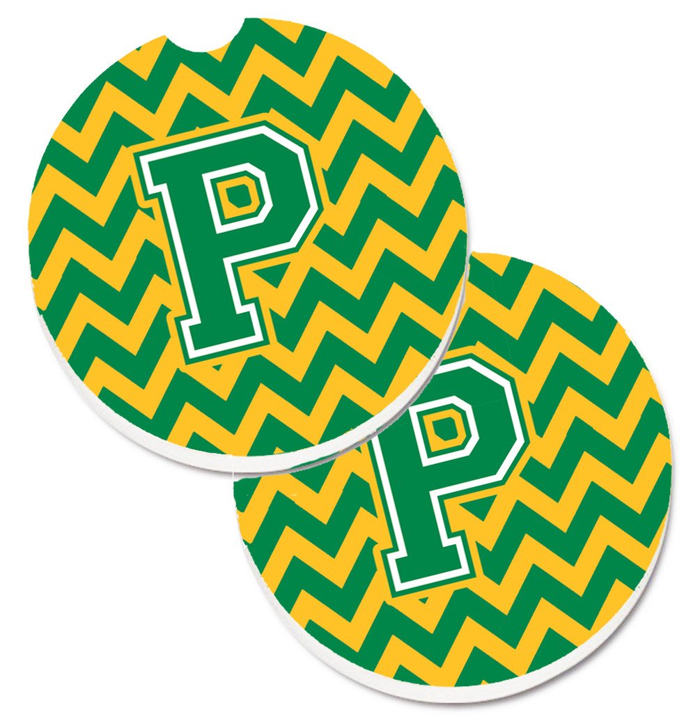 Letter P Chevron Green and Gold Set of 2 Cup Holder Car Coasters CJ1059-PCARC by Caroline's Treasures