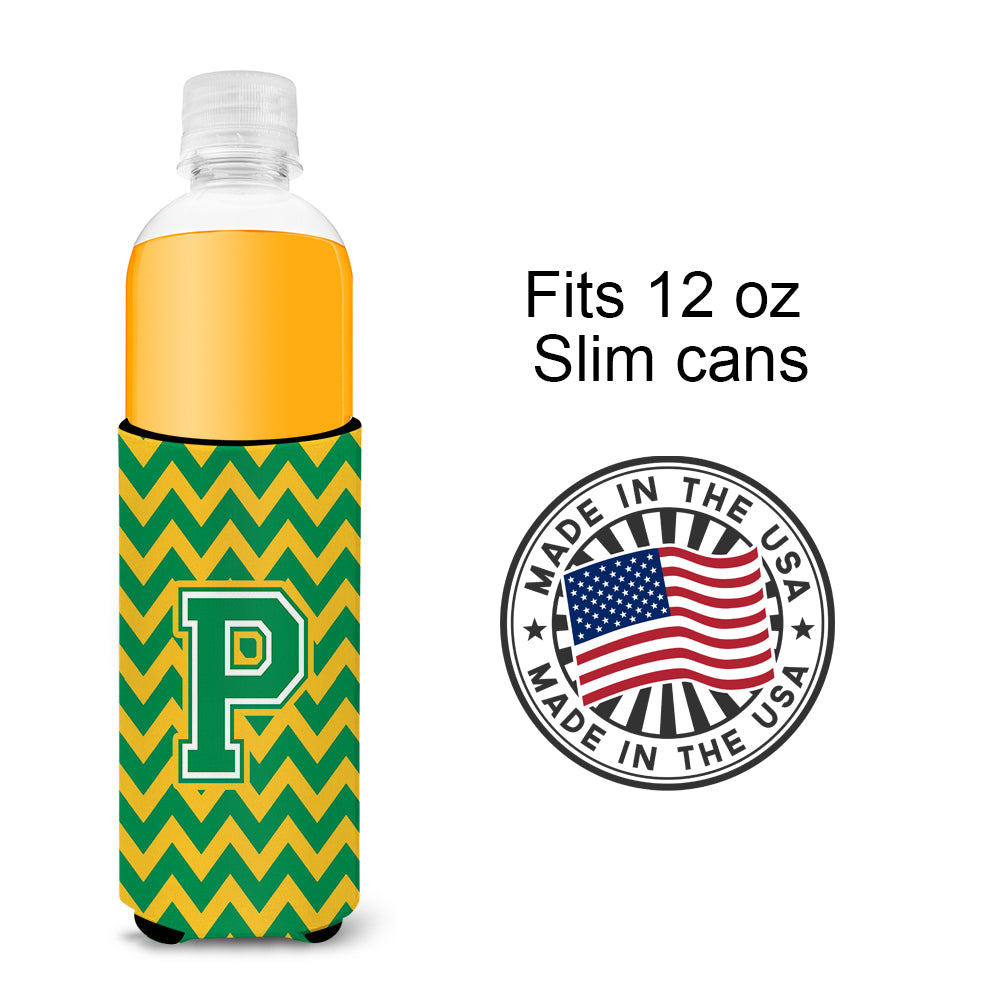 Letter P Chevron Green and Gold Ultra Beverage Insulators for slim cans CJ1059-PMUK.