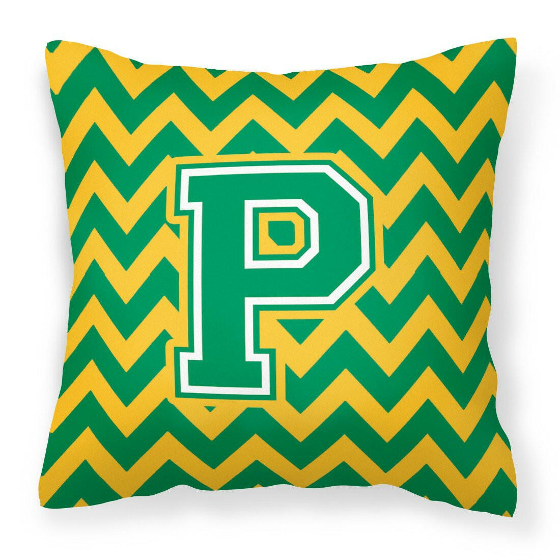 Letter P Chevron Green and Gold Fabric Decorative Pillow CJ1059-PPW1414 by Caroline&#39;s Treasures