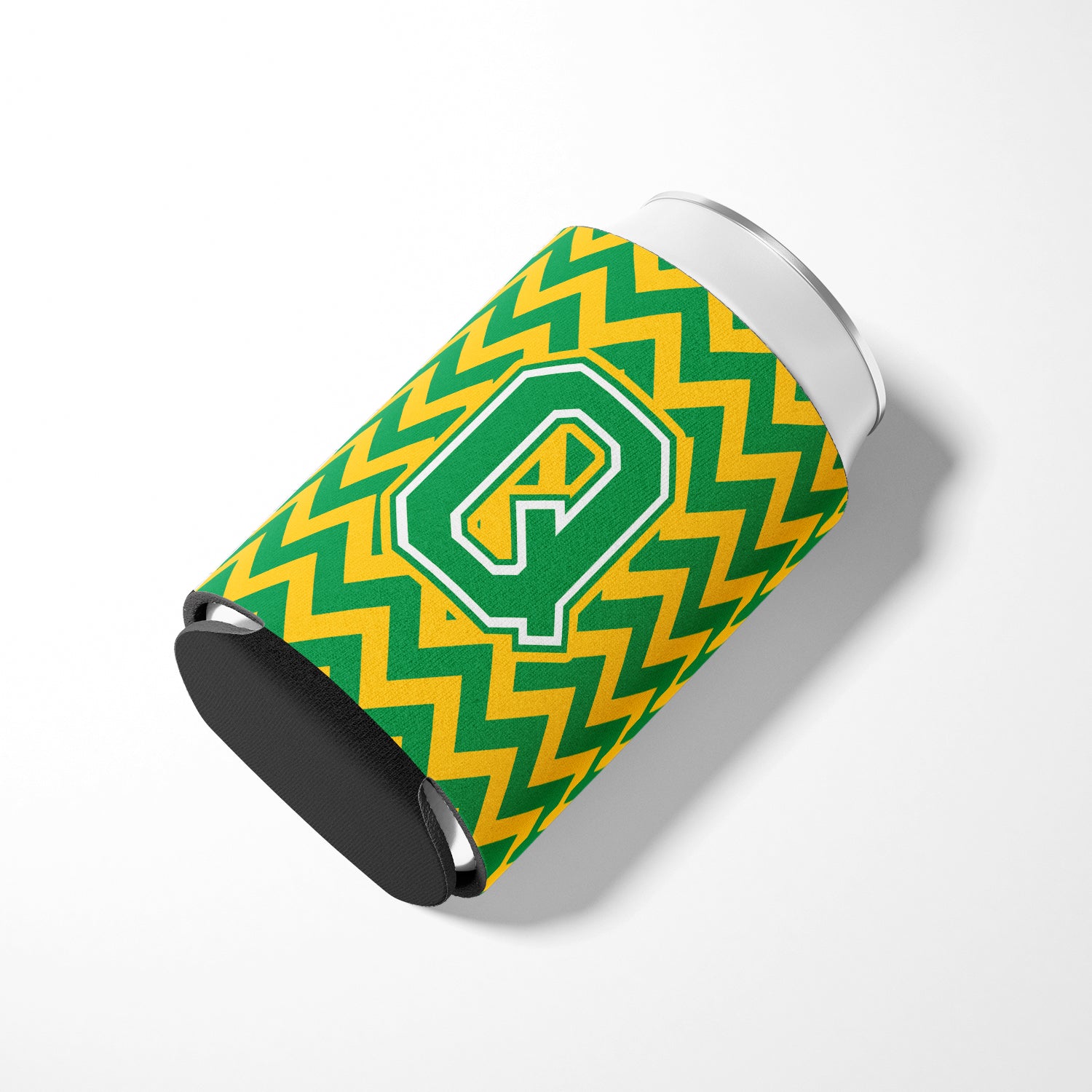 Letter Q Chevron Green and Gold Can or Bottle Hugger CJ1059-QCC.