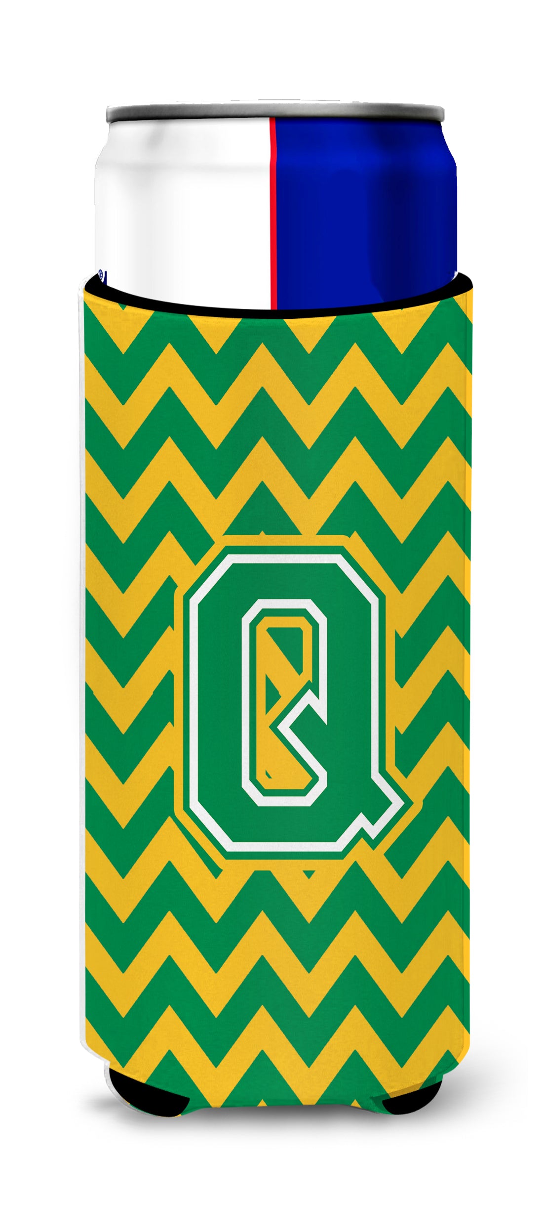 Letter Q Chevron Green and Gold Ultra Beverage Insulators for slim cans CJ1059-QMUK.