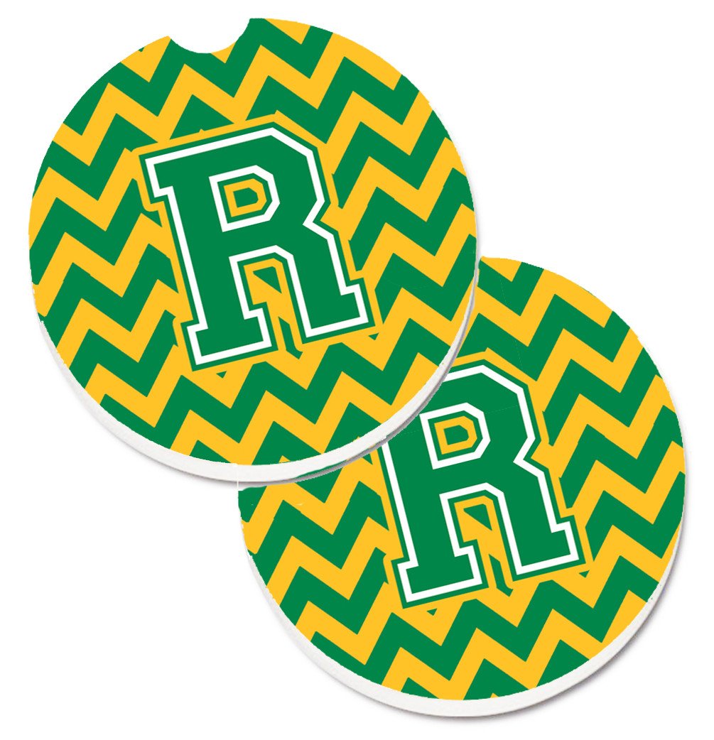 Letter R Chevron Green and Gold Set of 2 Cup Holder Car Coasters CJ1059-RCARC by Caroline&#39;s Treasures