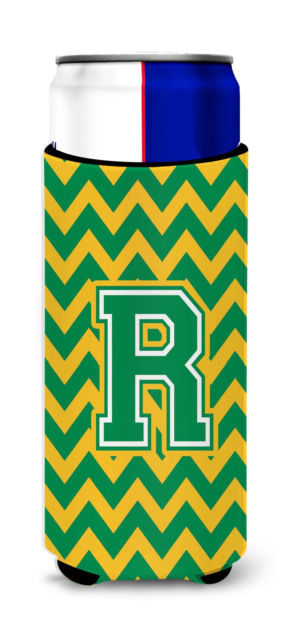 Letter R Chevron Green and Gold Ultra Beverage Insulators for slim cans CJ1059-RMUK.