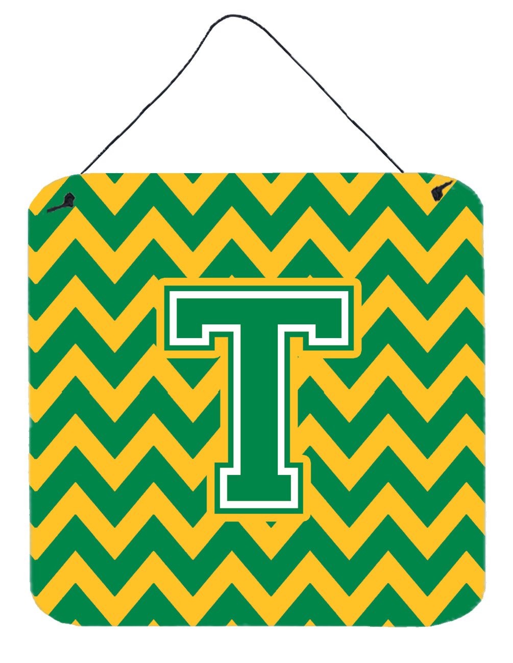Letter T Chevron Green and Gold Wall or Door Hanging Prints CJ1059-TDS66 by Caroline&#39;s Treasures