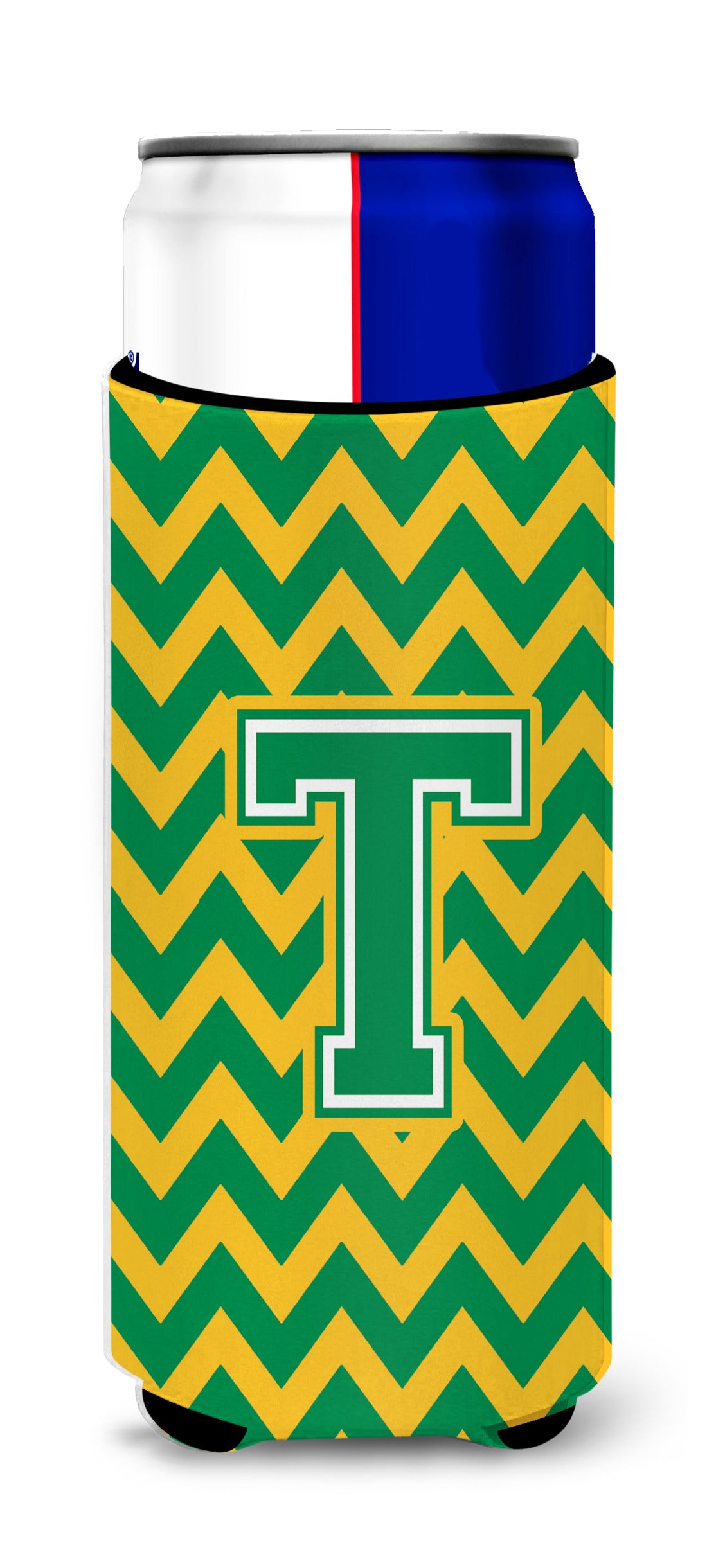 Letter T Chevron Green and Gold Ultra Beverage Insulators for slim cans CJ1059-TMUK.