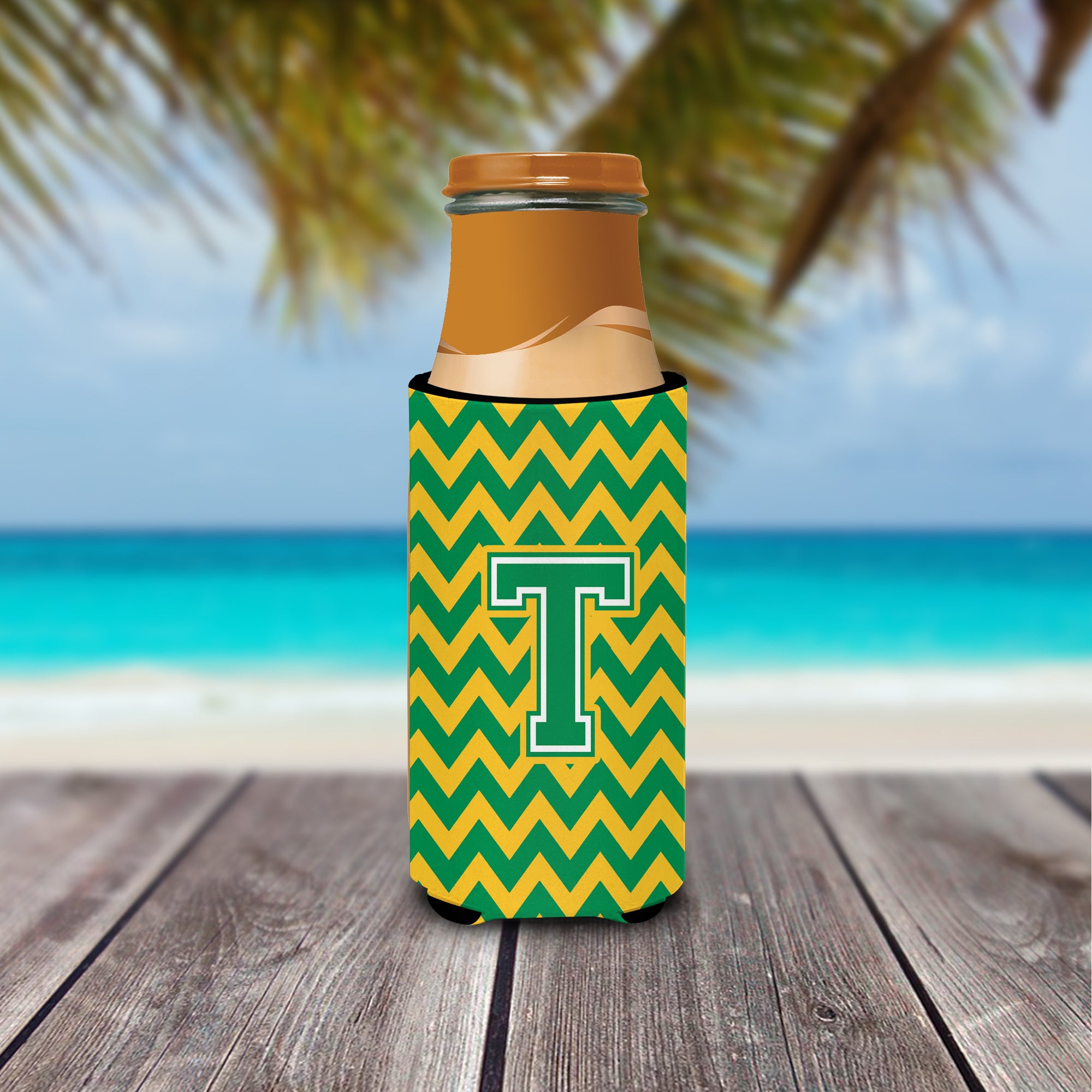Letter T Chevron Green and Gold Ultra Beverage Insulators for slim cans CJ1059-TMUK.