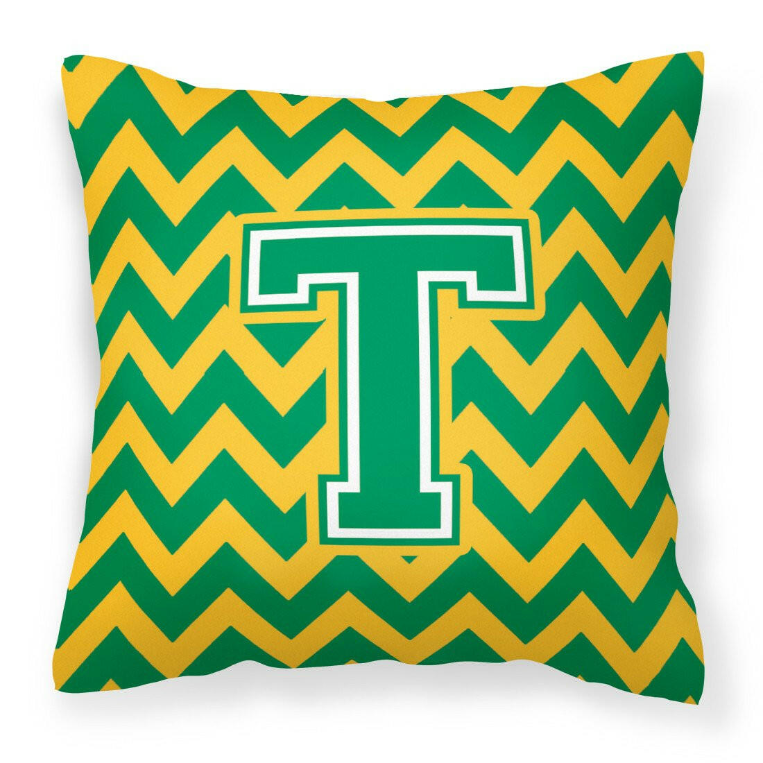 Letter T Chevron Green and Gold Fabric Decorative Pillow CJ1059-TPW1414 by Caroline&#39;s Treasures