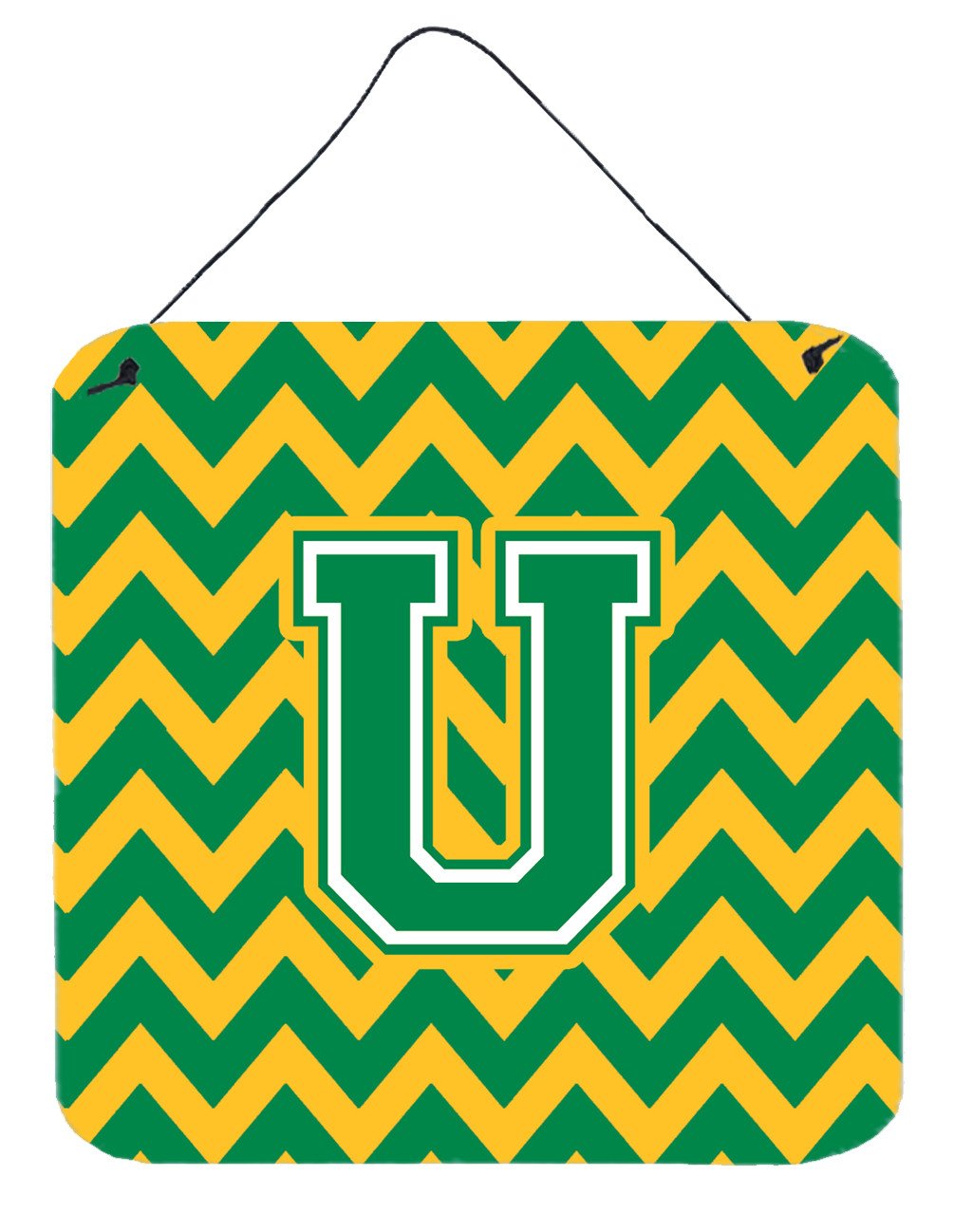 Letter U Chevron Green and Gold Wall or Door Hanging Prints CJ1059-UDS66 by Caroline&#39;s Treasures