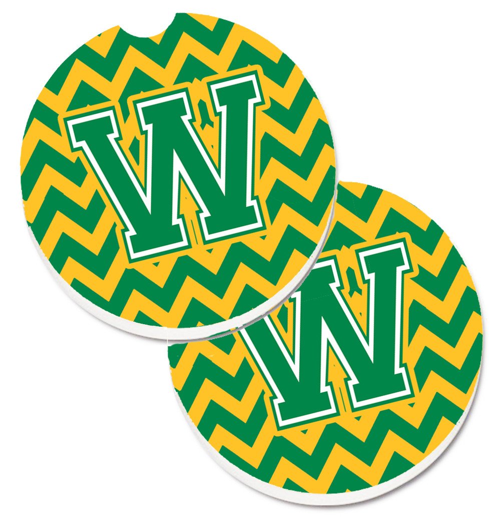 Letter W Chevron Green and Gold Set of 2 Cup Holder Car Coasters CJ1059-WCARC by Caroline&#39;s Treasures