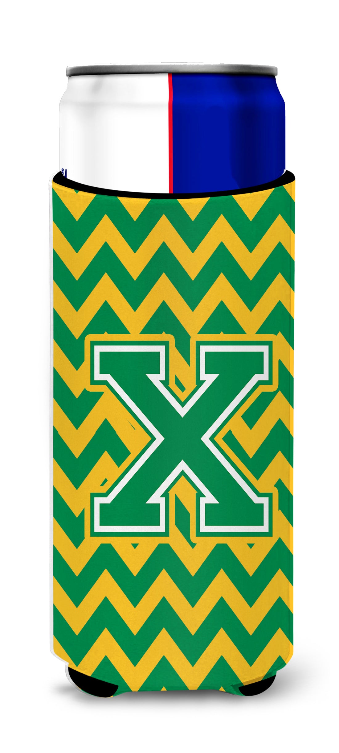 Letter X Chevron Green and Gold Ultra Beverage Insulators for slim cans CJ1059-XMUK.