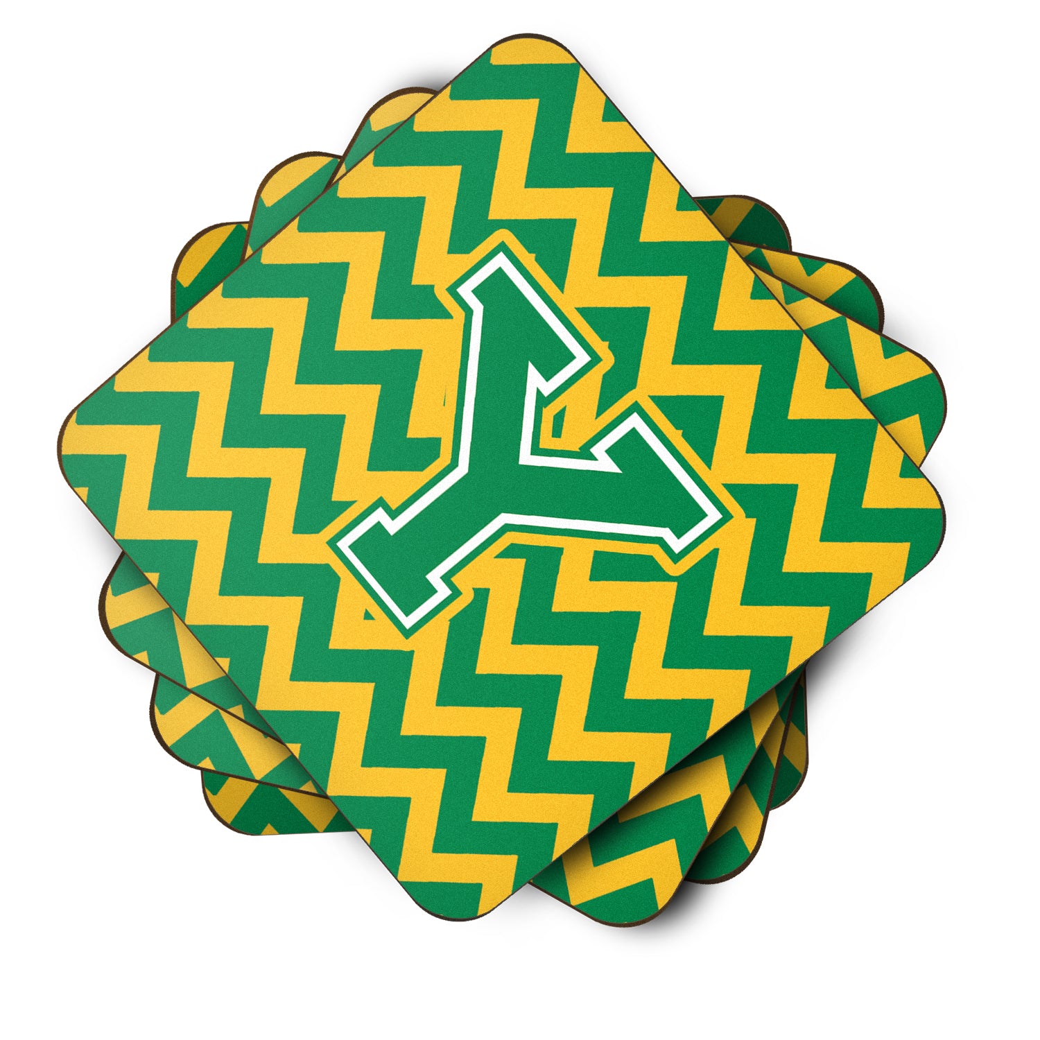 Letter Y Chevron Green and Gold Foam Coaster Set of 4 CJ1059-YFC - the-store.com