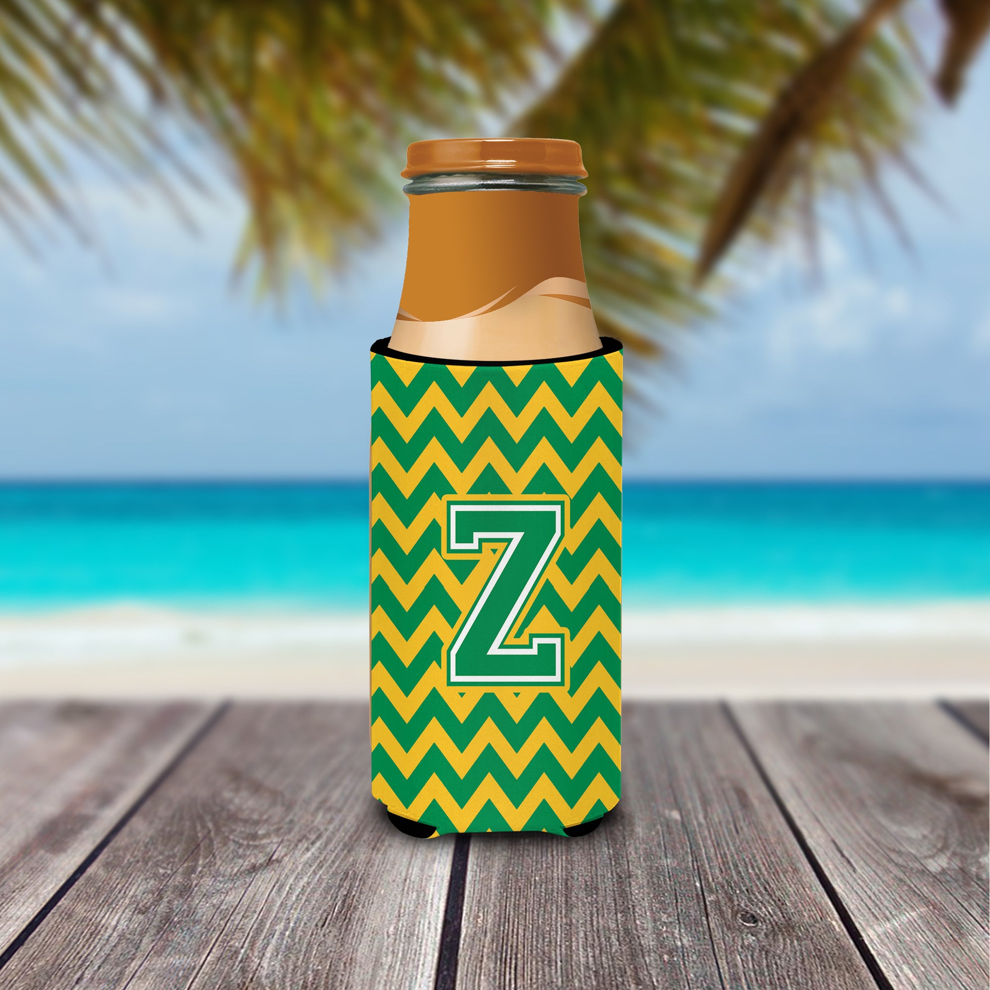 Letter Z Chevron Green and Gold Ultra Beverage Insulators for slim cans CJ1059-ZMUK.