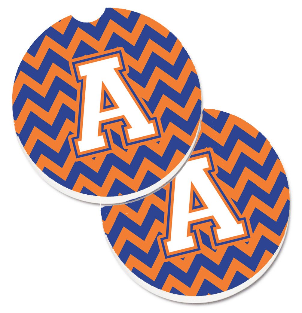 Letter A Chevron Blue and Orange #3 Set of 2 Cup Holder Car Coasters CJ1060-ACARC by Caroline&#39;s Treasures