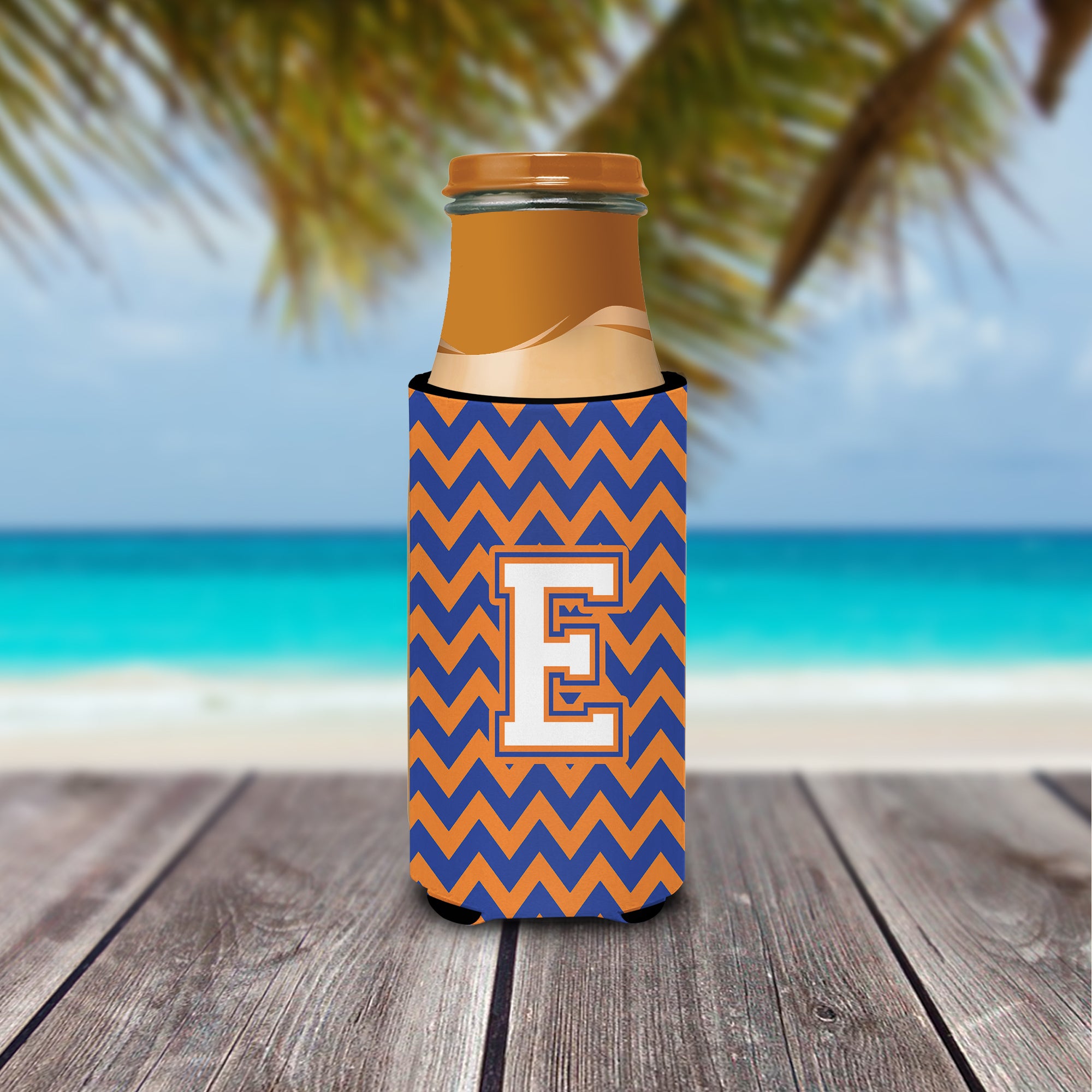 Letter E Chevron Blue and Orange Ultra Beverage Insulators for slim cans CJ1060-EMUK.