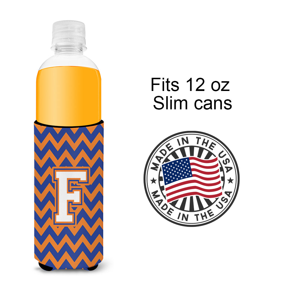 Letter F Chevron Blue and Orange Ultra Beverage Insulators for slim cans CJ1060-FMUK.