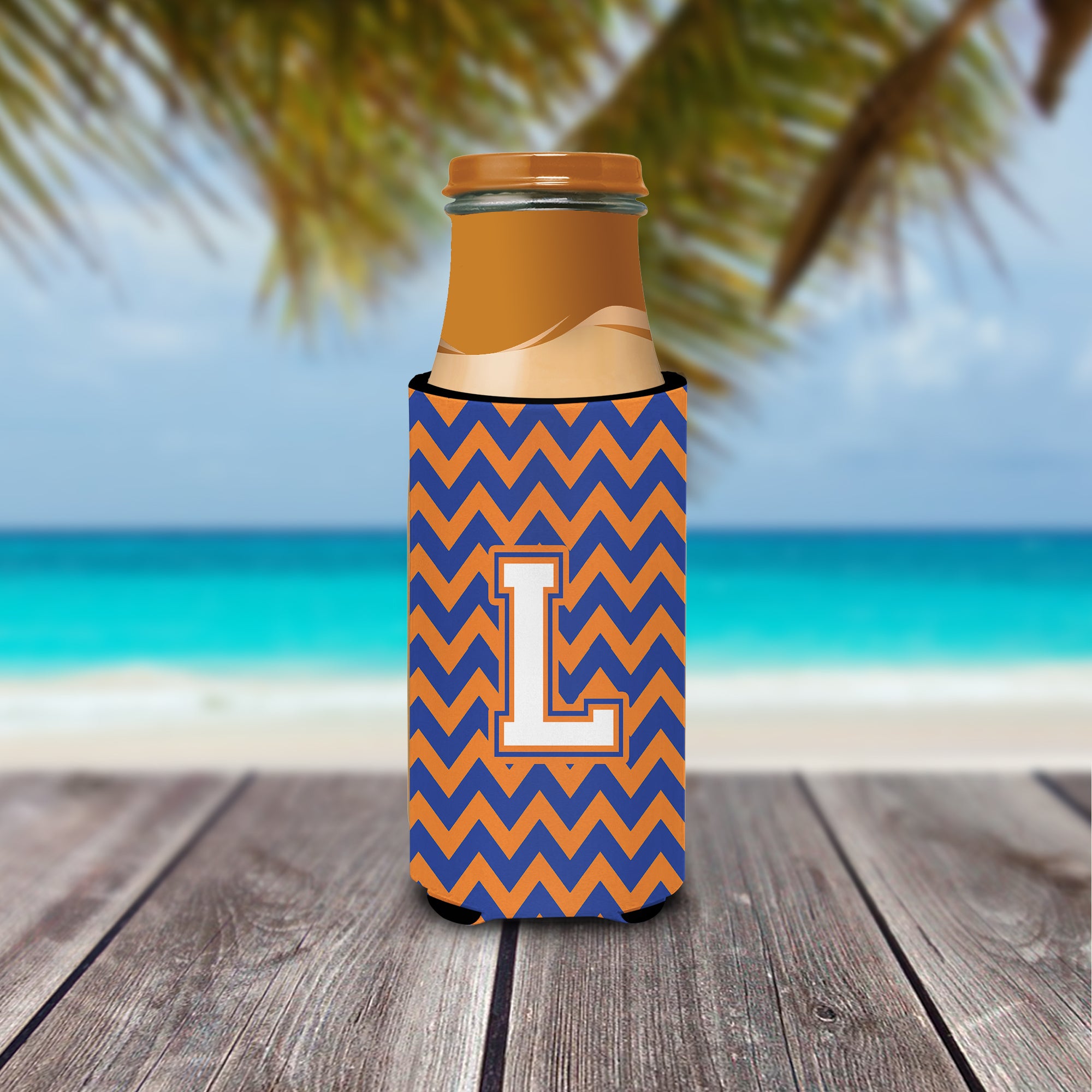 Letter L Chevron Blue and Orange Ultra Beverage Insulators for slim cans CJ1060-LMUK.