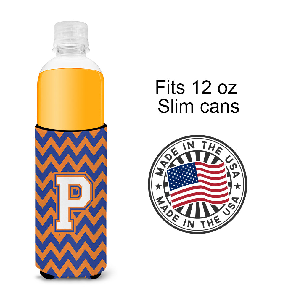 Letter P Chevron Blue and Orange Ultra Beverage Insulators for slim cans CJ1060-PMUK