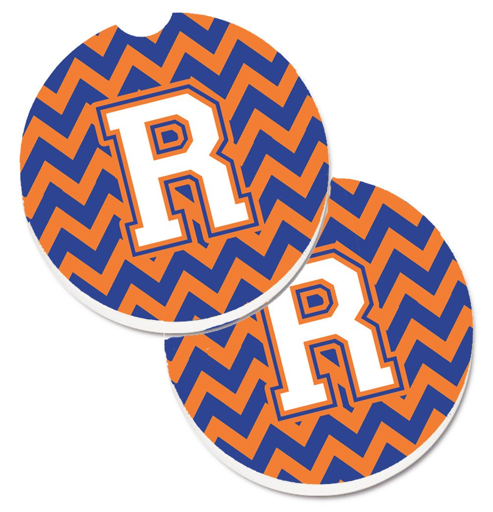 Letter R Chevron Blue and Orange #3 Set of 2 Cup Holder Car Coasters CJ1060-RCARC by Caroline&#39;s Treasures
