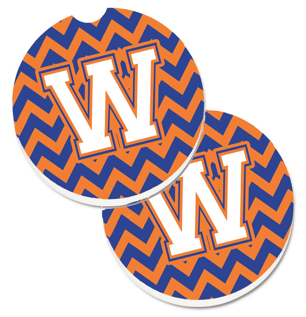 Letter W Chevron Blue and Orange #3 Set of 2 Cup Holder Car Coasters CJ1060-WCARC by Caroline&#39;s Treasures