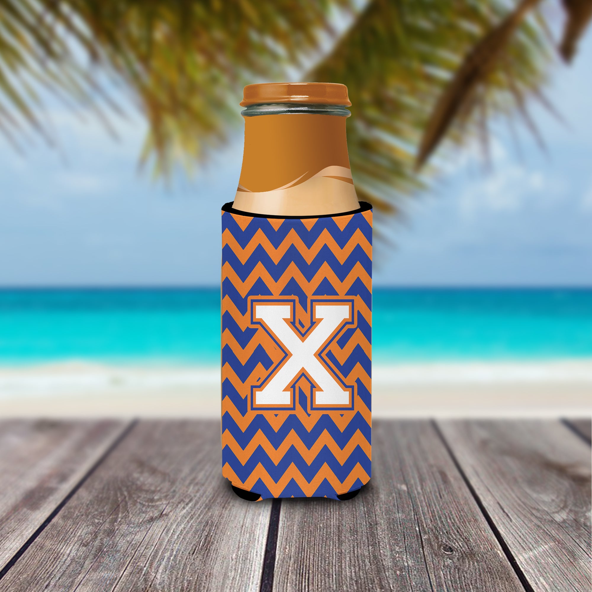 Letter X Chevron Blue and Orange Ultra Beverage Insulators for slim cans CJ1060-XMUK.