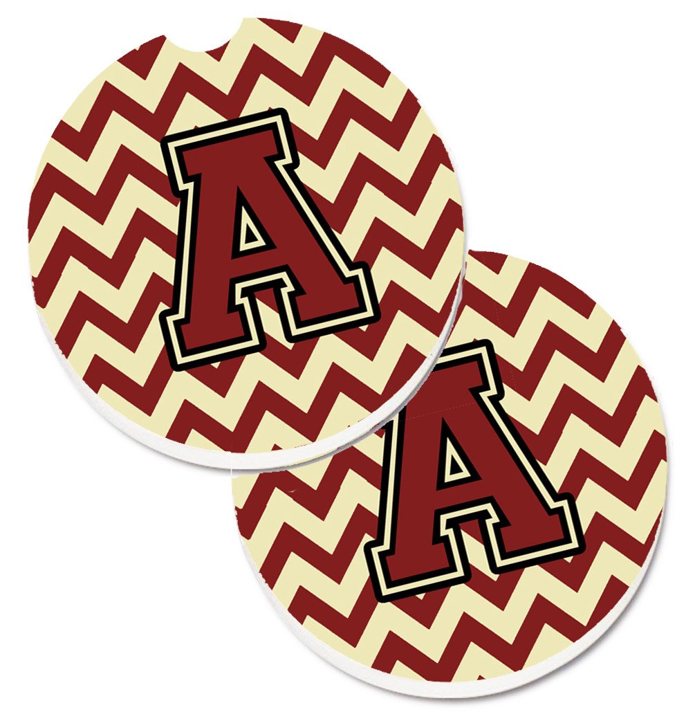 Letter A Chevron Maroon and Gold Set of 2 Cup Holder Car Coasters CJ1061-ACARC by Caroline&#39;s Treasures