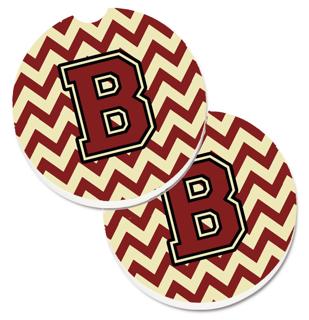Letter B Chevron Maroon and Gold Set of 2 Cup Holder Car Coasters CJ1061-BCARC by Caroline&#39;s Treasures