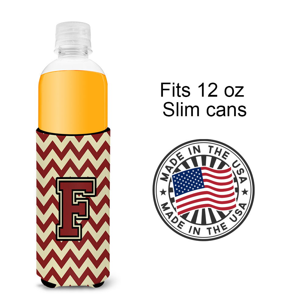 Letter F Chevron Maroon and Gold Ultra Beverage Insulators for slim cans CJ1061-FMUK.
