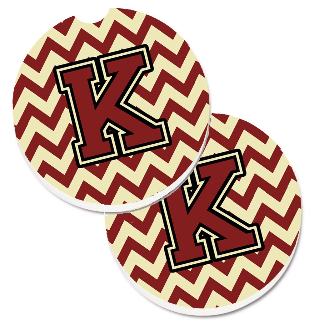 Letter K Chevron Maroon and Gold Set of 2 Cup Holder Car Coasters CJ1061-KCARC by Caroline&#39;s Treasures