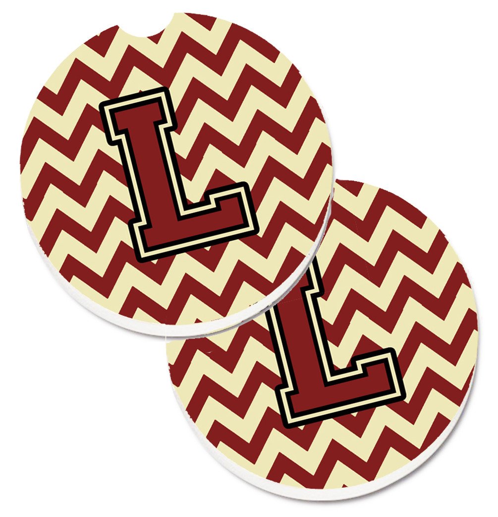 Letter L Chevron Maroon and Gold Set of 2 Cup Holder Car Coasters CJ1061-LCARC by Caroline&#39;s Treasures