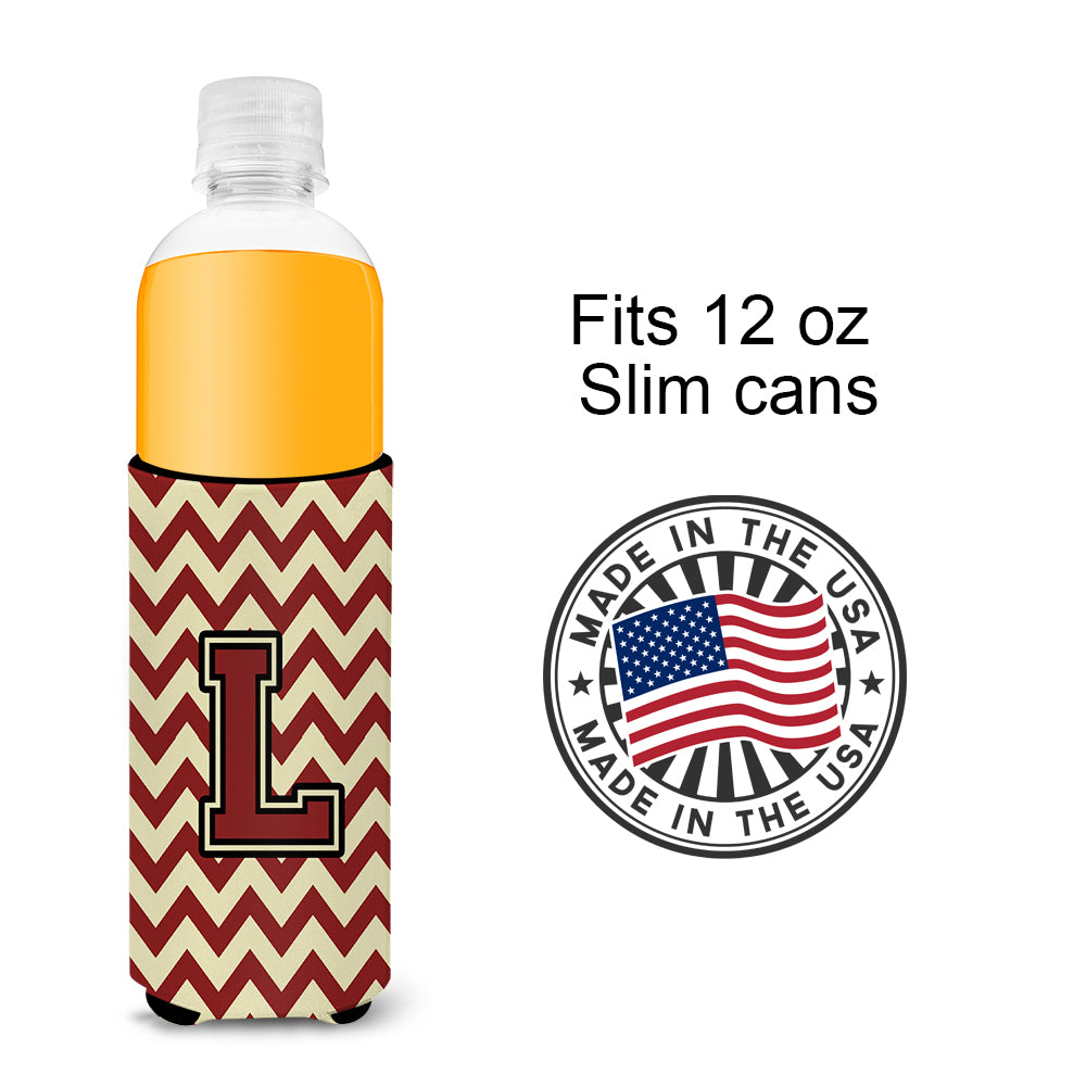 Letter L Chevron Maroon and Gold Ultra Beverage Insulators for slim cans CJ1061-LMUK.