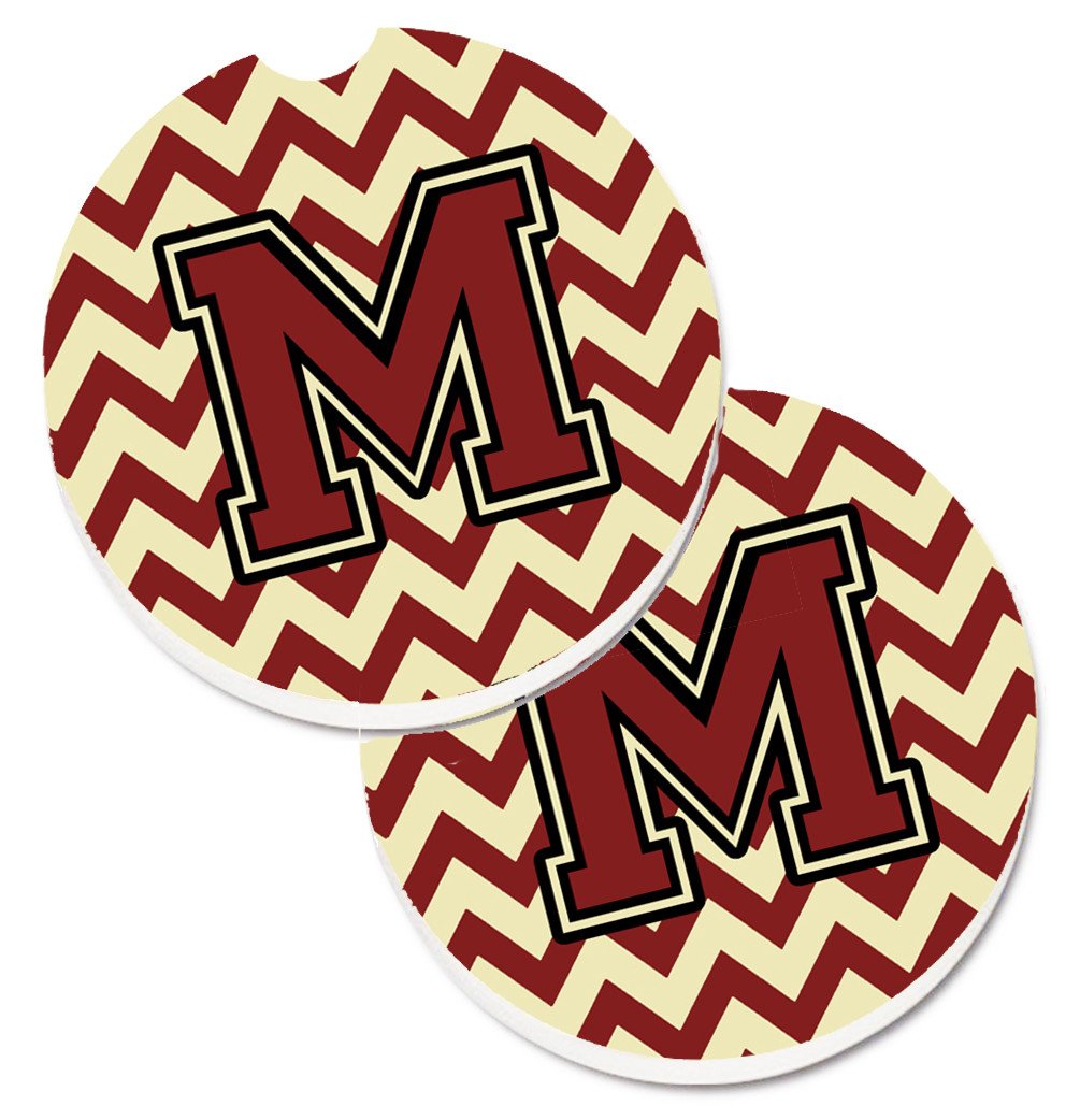 Letter M Chevron Maroon and Gold Set of 2 Cup Holder Car Coasters CJ1061-MCARC by Caroline&#39;s Treasures