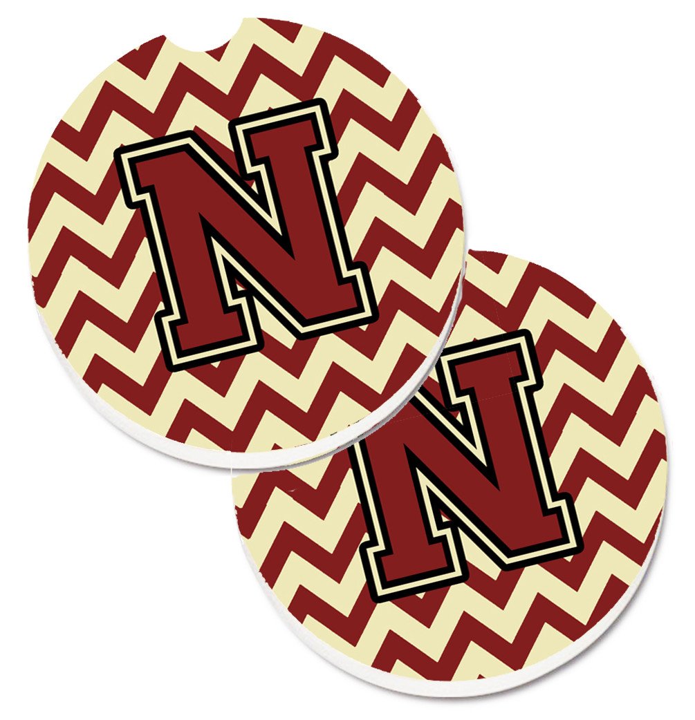 Letter N Chevron Maroon and Gold Set of 2 Cup Holder Car Coasters CJ1061-NCARC by Caroline&#39;s Treasures