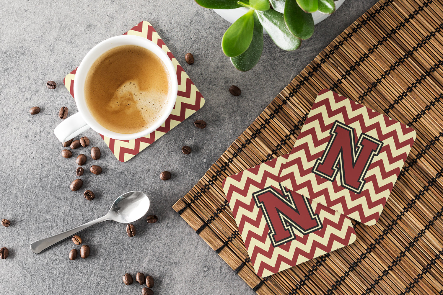 Letter N Chevron Maroon and Gold Foam Coaster Set of 4 CJ1061-NFC - the-store.com