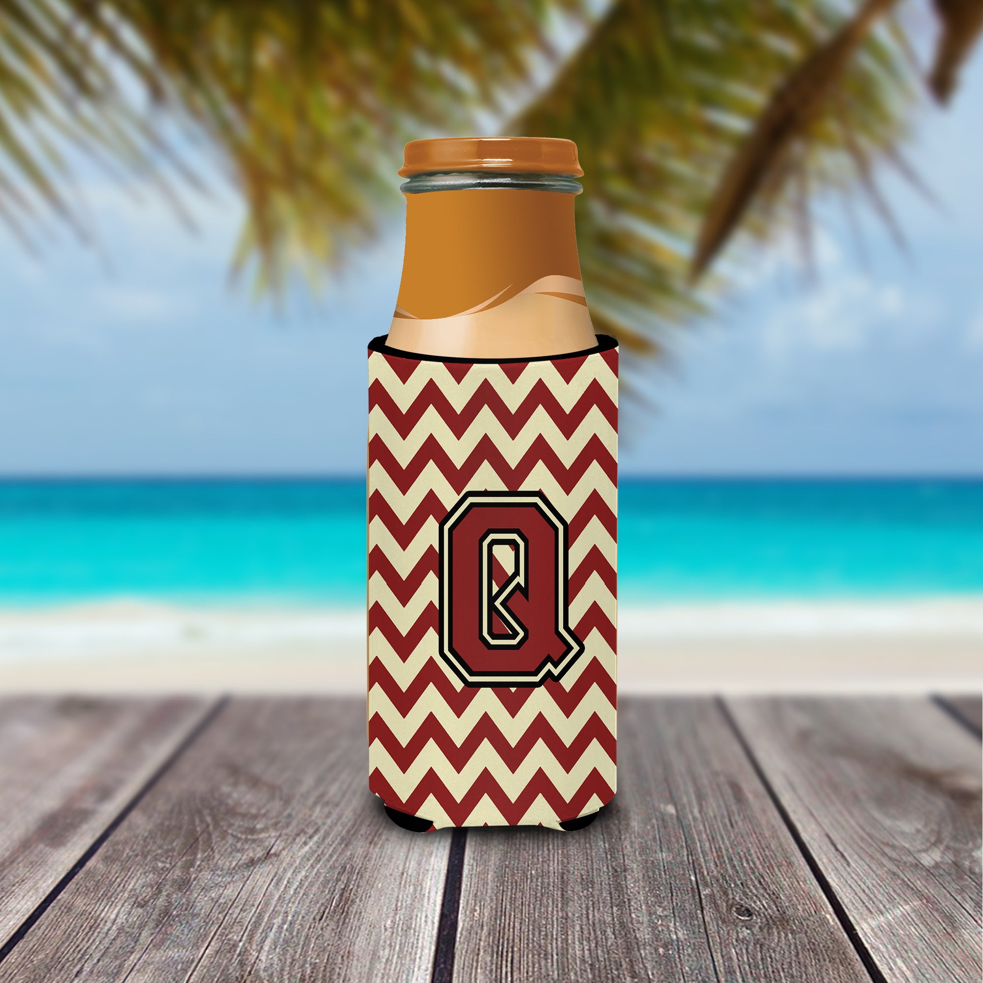 Letter Q Chevron Maroon and Gold Ultra Beverage Insulators for slim cans CJ1061-QMUK.