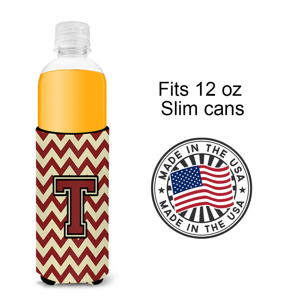 Letter T Chevron Maroon and Gold Ultra Beverage Insulators for slim cans CJ1061-TMUK