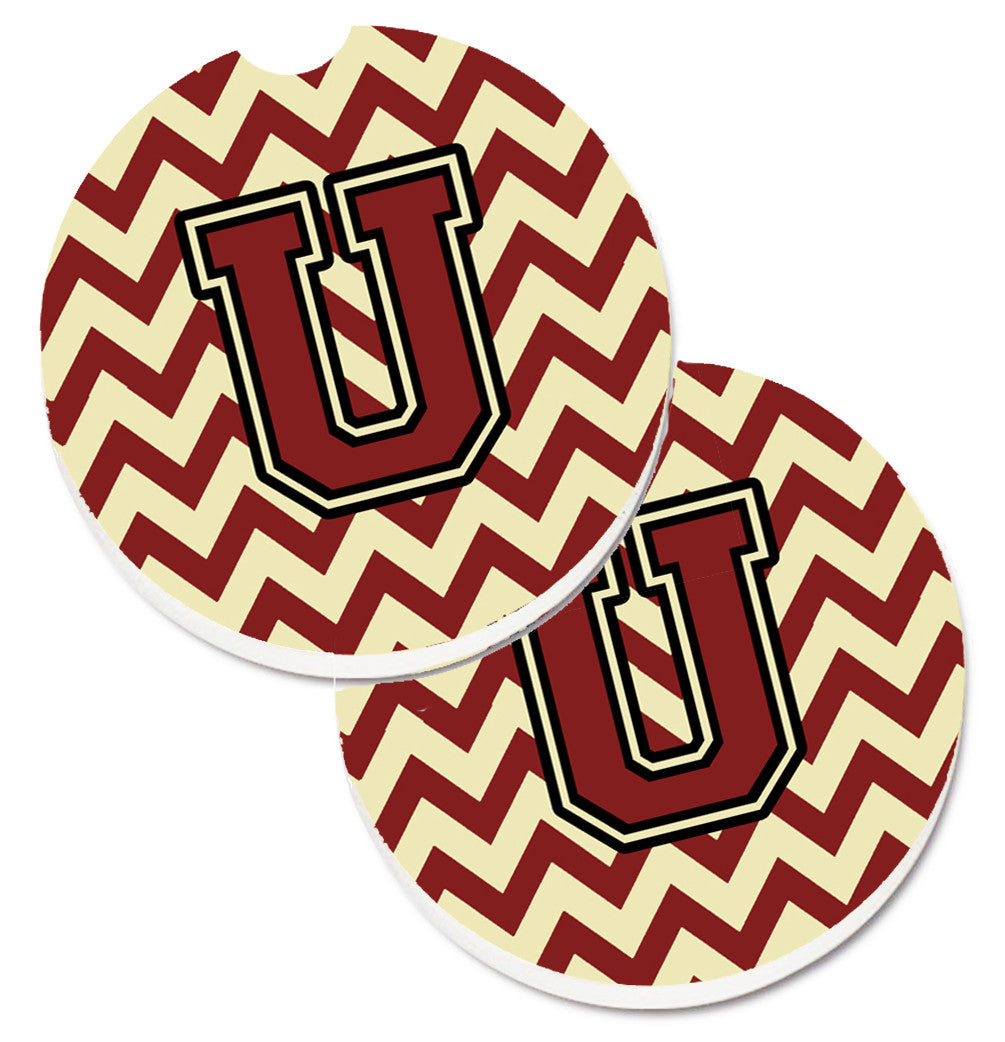 Letter U Chevron Maroon and Gold Set of 2 Cup Holder Car Coasters CJ1061-UCARC by Caroline&#39;s Treasures