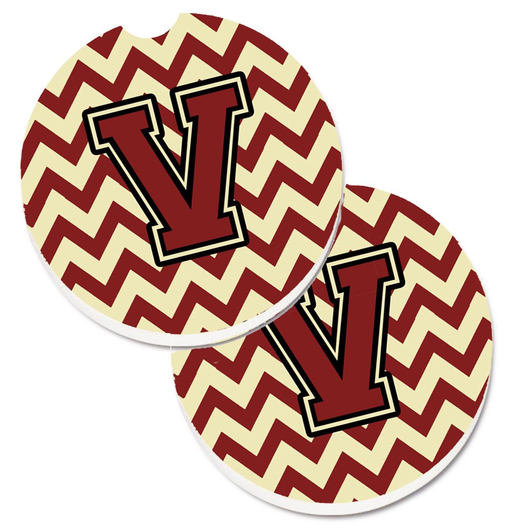 Letter V Chevron Maroon and Gold Set of 2 Cup Holder Car Coasters CJ1061-VCARC by Caroline&#39;s Treasures