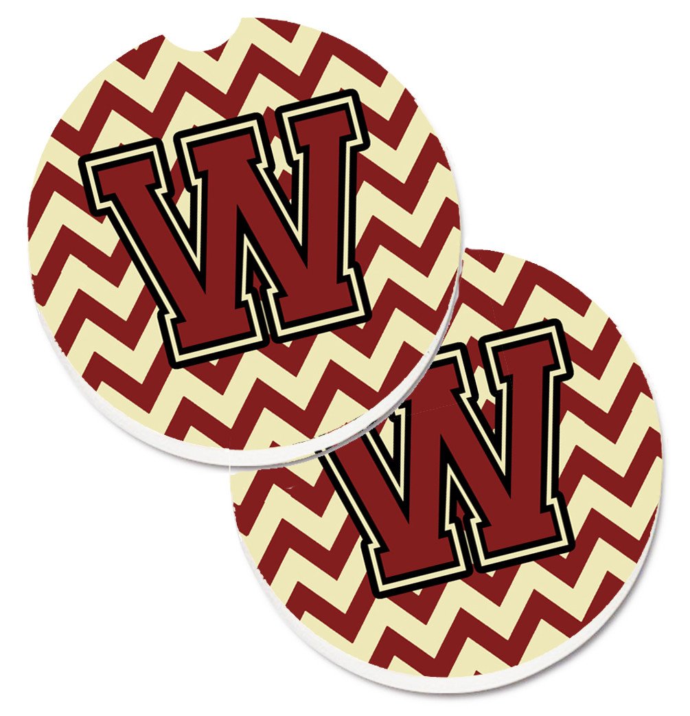 Letter W Chevron Maroon and Gold Set of 2 Cup Holder Car Coasters CJ1061-WCARC by Caroline&#39;s Treasures