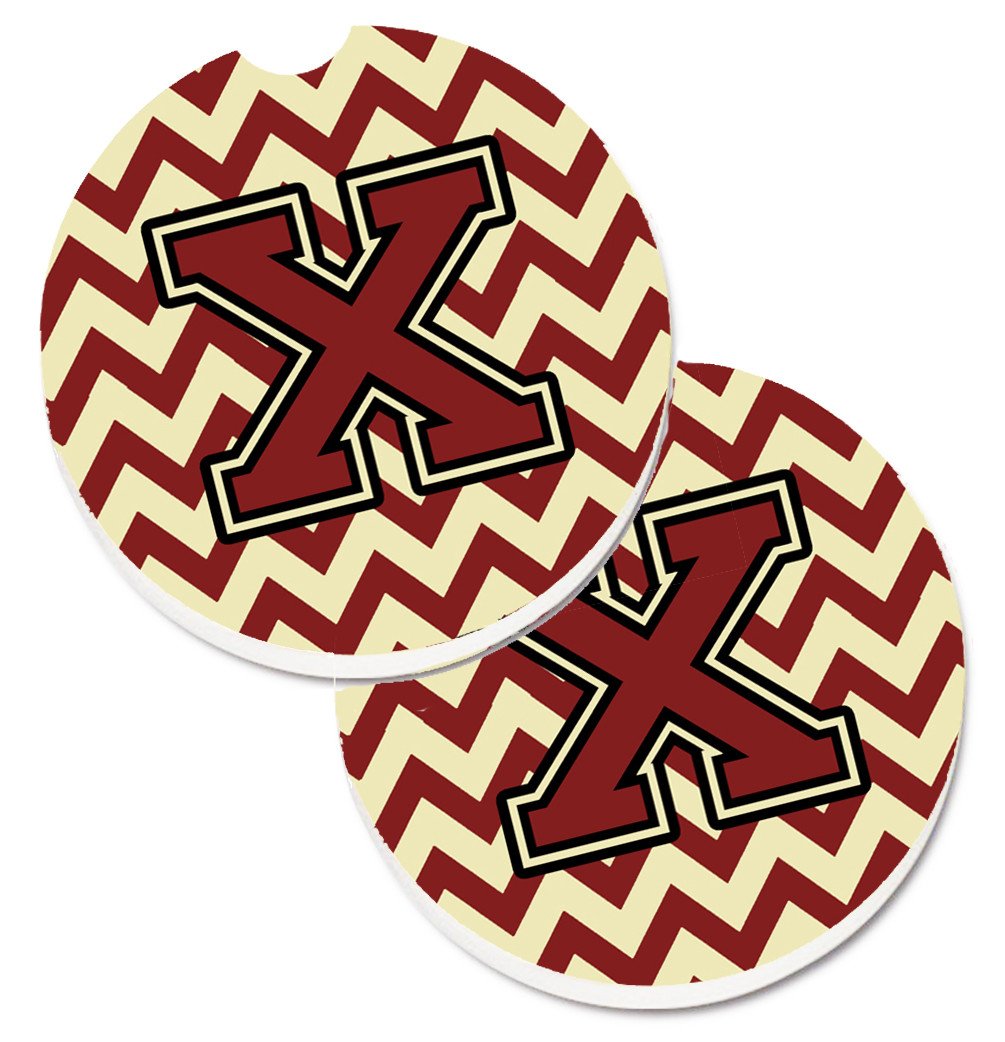 Letter X Chevron Maroon and Gold Set of 2 Cup Holder Car Coasters CJ1061-XCARC by Caroline&#39;s Treasures