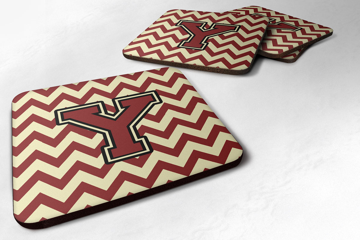 Letter Y Chevron Maroon and Gold Foam Coaster Set of 4 CJ1061-YFC - the-store.com