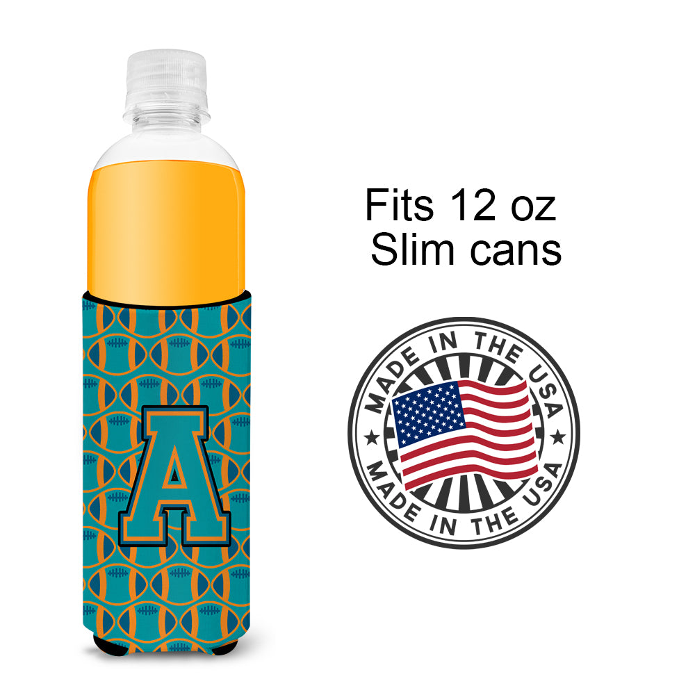 Letter A Football Aqua, Orange and Marine Blue Ultra Beverage Insulators for slim cans CJ1063-AMUK