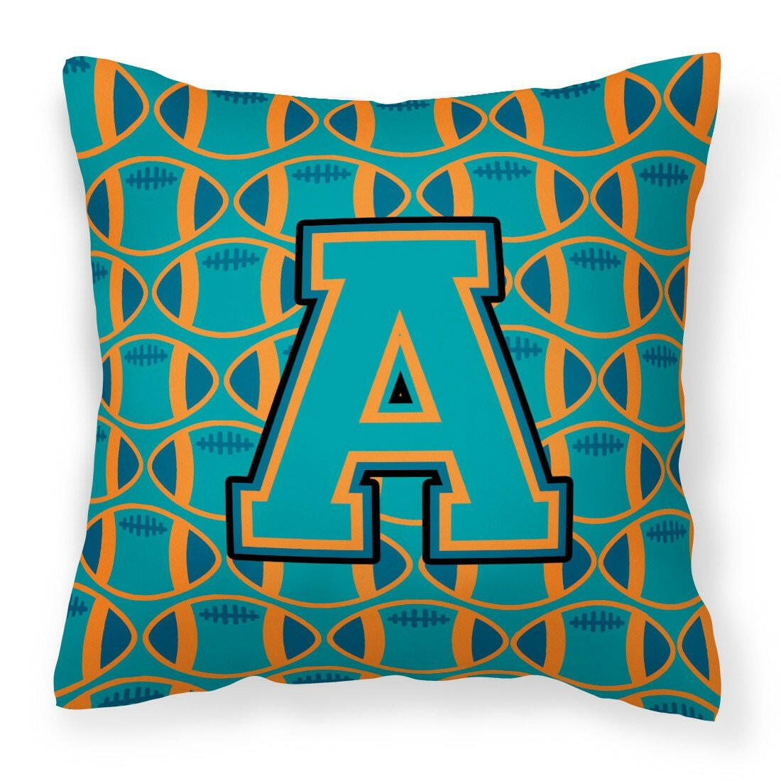 Letter A Football Aqua, Orange and Marine Blue Fabric Decorative Pillow CJ1063-APW1414 by Caroline&#39;s Treasures