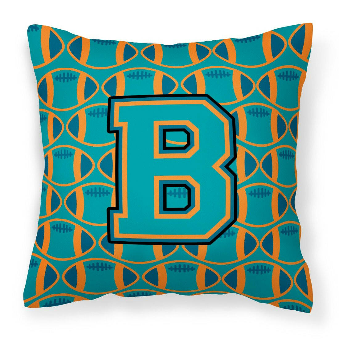 Letter B Football Aqua, Orange and Marine Blue Fabric Decorative Pillow CJ1063-BPW1414 by Caroline&#39;s Treasures