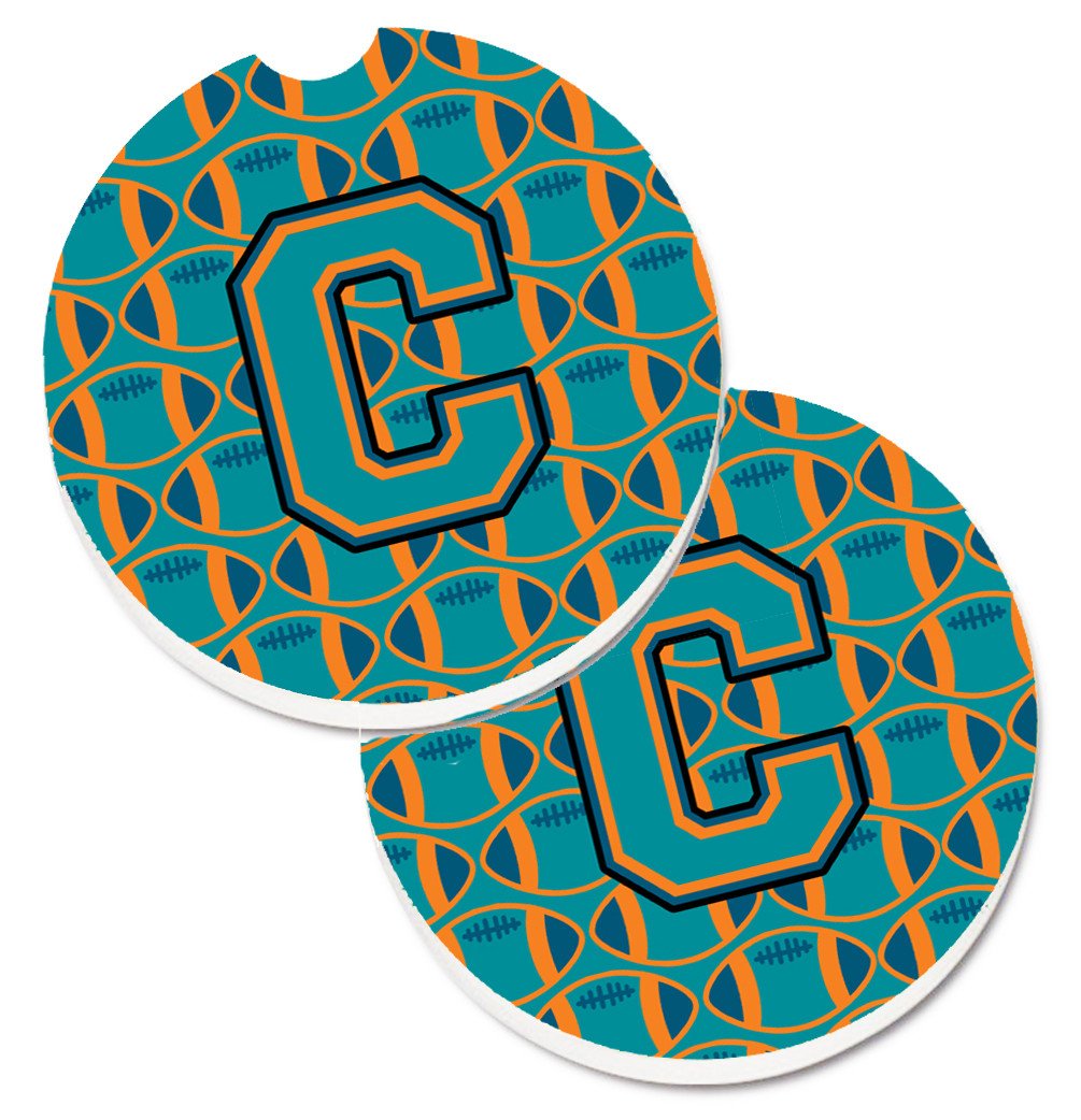 Letter C Football Aqua, Orange and Marine Blue Set of 2 Cup Holder Car Coasters CJ1063-CCARC by Caroline&#39;s Treasures
