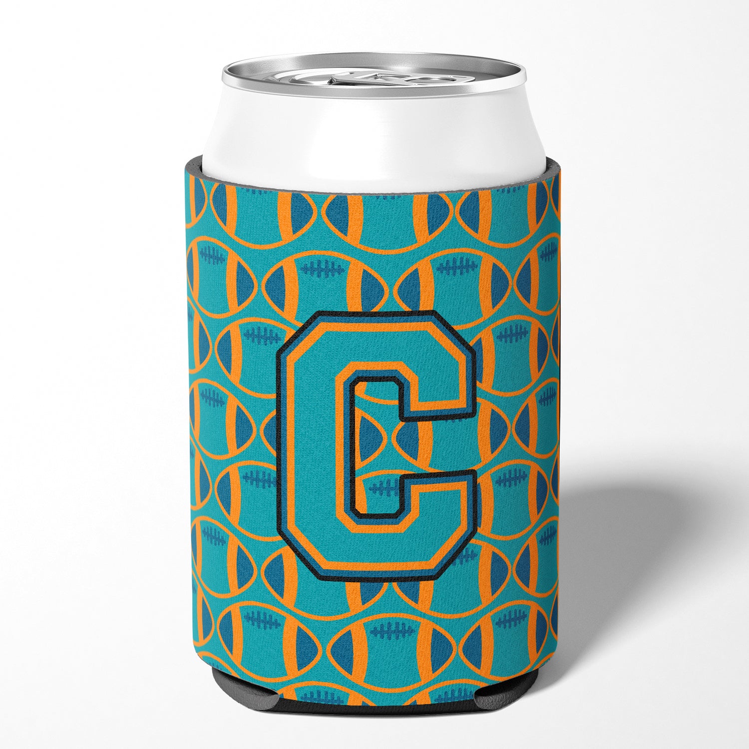 Letter C Football Aqua, Orange and Marine Blue Can or Bottle Hugger CJ1063-CCC.