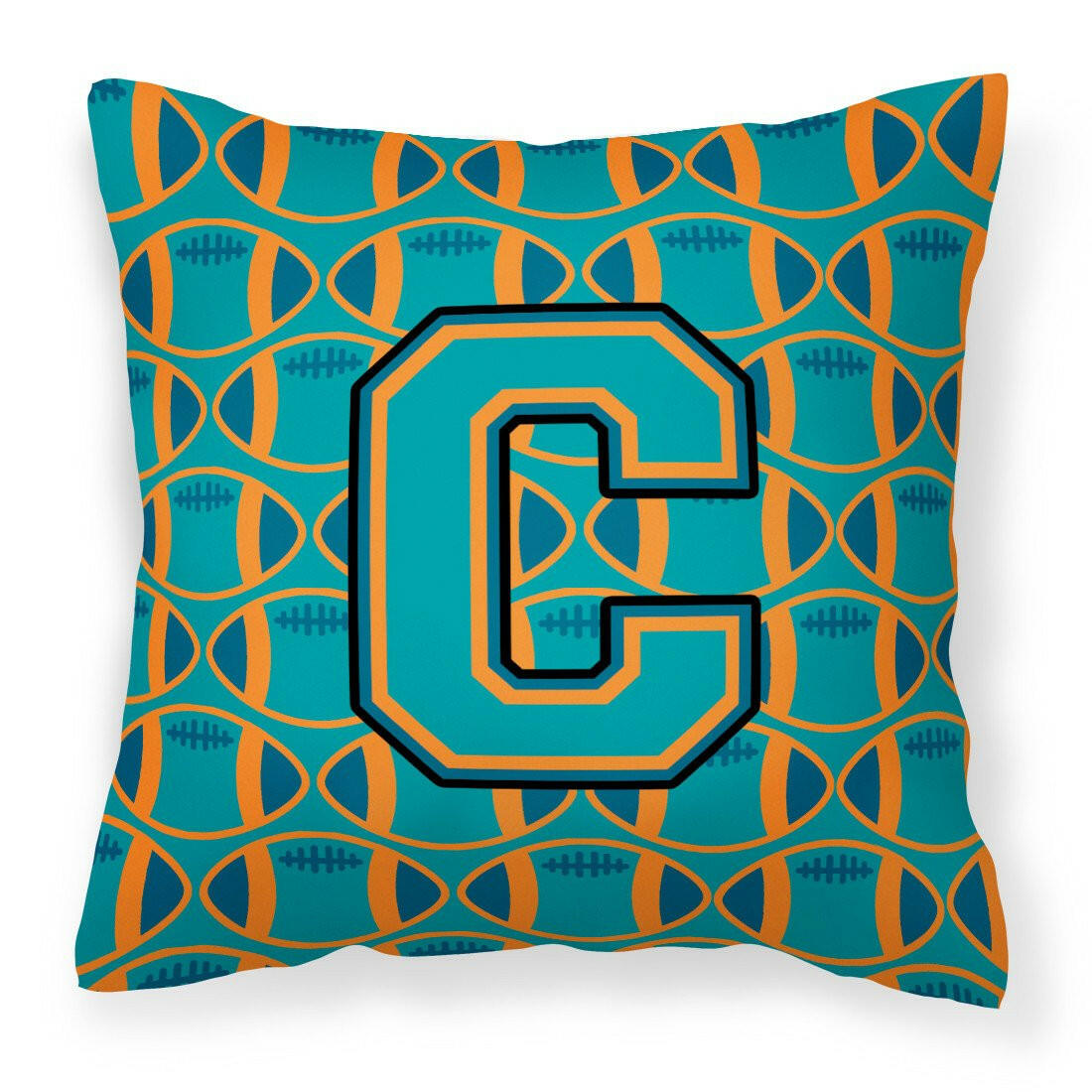 Letter C Football Aqua, Orange and Marine Blue Fabric Decorative Pillow CJ1063-CPW1414 by Caroline&#39;s Treasures