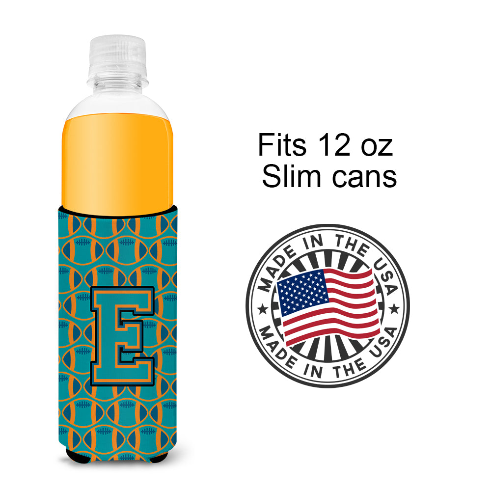 Letter E Football Aqua, Orange and Marine Blue Ultra Beverage Insulators for slim cans CJ1063-EMUK