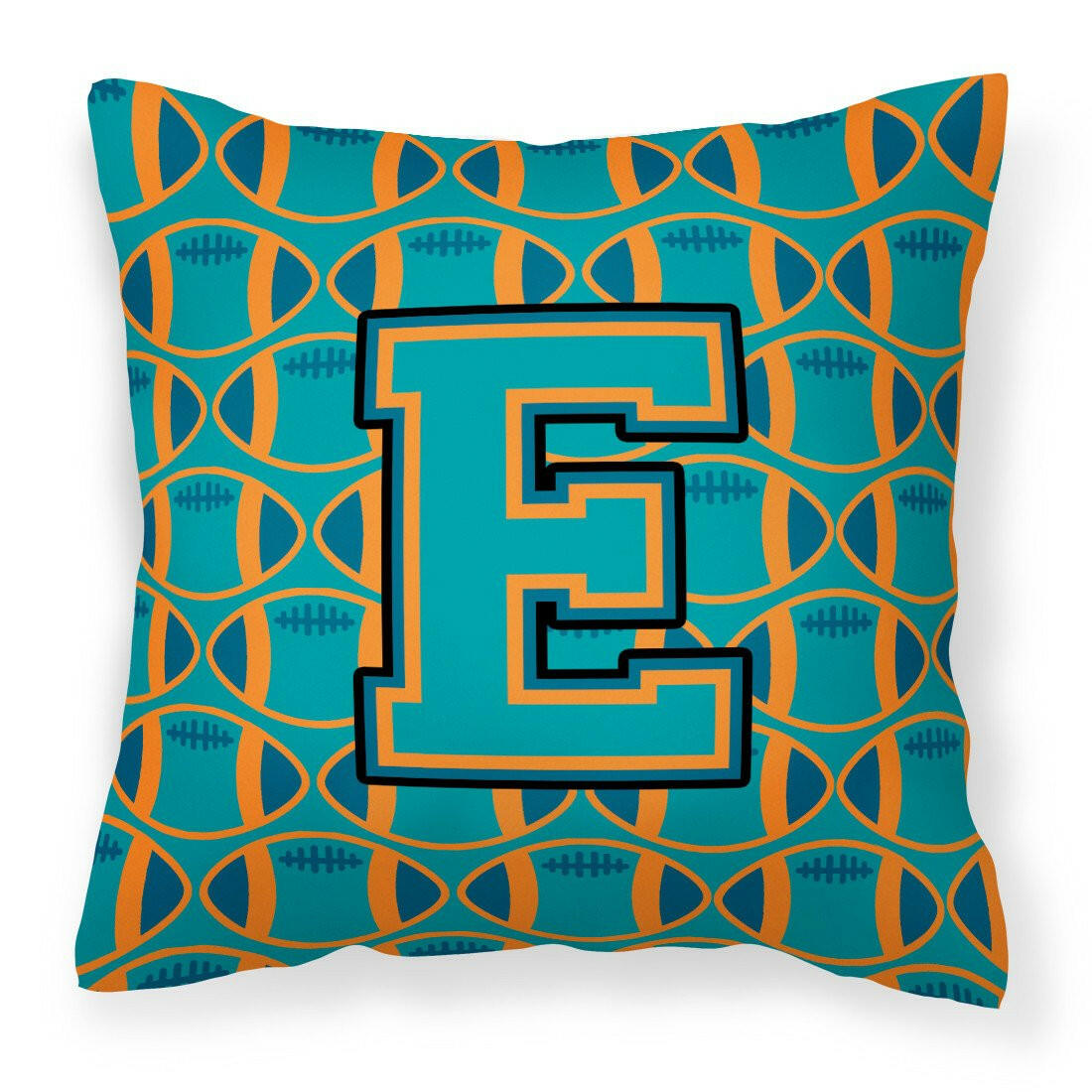 Letter E Football Aqua, Orange and Marine Blue Fabric Decorative Pillow CJ1063-EPW1414 by Caroline&#39;s Treasures