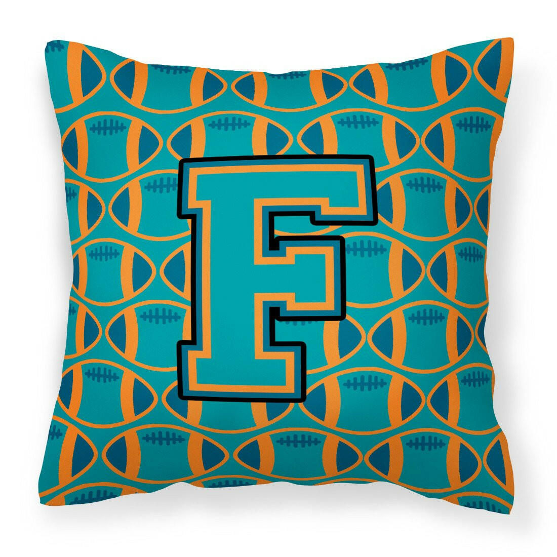 Letter F Football Aqua, Orange and Marine Blue Fabric Decorative Pillow CJ1063-FPW1414 by Caroline&#39;s Treasures